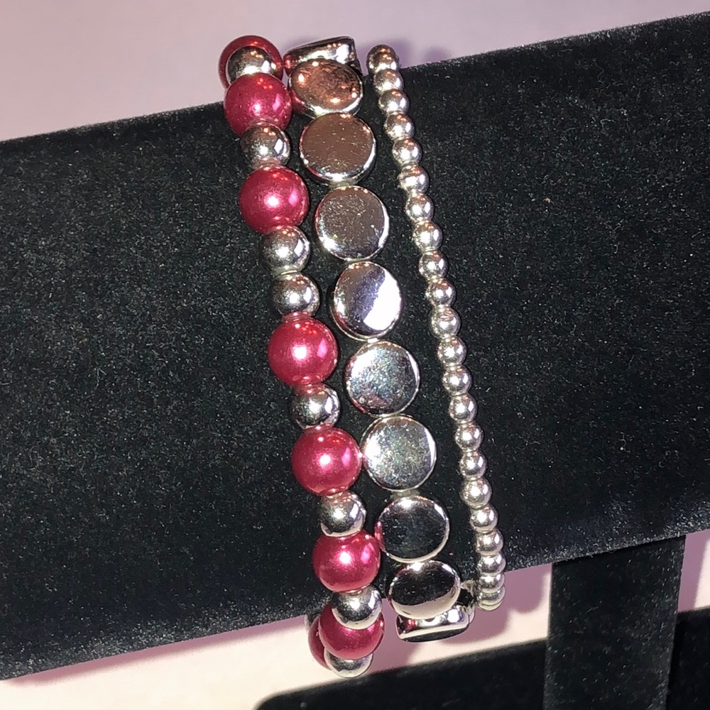 Stacked Pink and Silver Tone Beaded Bracelet Set